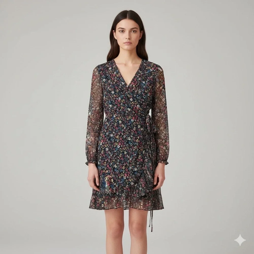 AVLN STUDIO Floral Faux Wrap Dress Long Sleeve Sheer‎ Mesh Ruffle Mini Black
